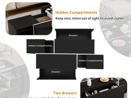 Extendable Coffee Table With 2 Hidden Storage Space And 2 Drawers For Living Room