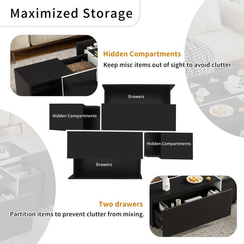 Extendable Coffee Table With 2 Hidden Storage Space And 2 Drawers For Living Room