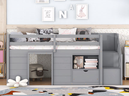 Low Loft Bed With Stair, Drawer, And Shelf