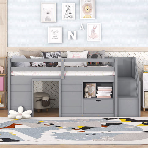 Low Loft Bed With Stair, Drawer, And Shelf