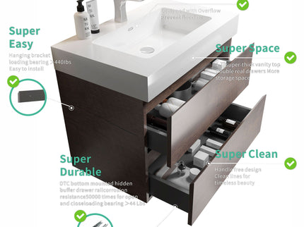 Alice - Bathroom Vanity Wall Mounted With Sink, Large Storage Floating Bathroom Vanity For Modern Bathroom, One-Piece Sink Basin Without Drain And Faucet