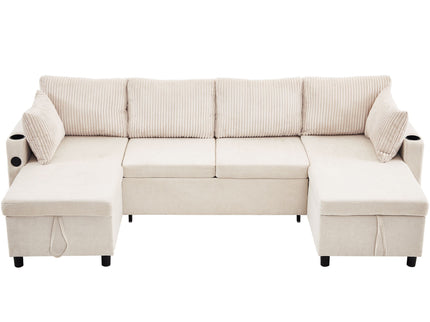 Sectional Sofa Bed With Pull Out Sleeper, USB Ports, Cup Holders