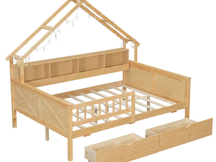 House Style Platform Bed With LED Lights, Storage Shelves, Drawers, And Guardrail