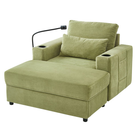 Modern Style Armchair Chaise Lounge Sofa Couch With Movable Storage Ottoman, USB Ports, Cup Holders, Phone Holder, Side Pockets