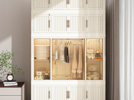 Portable Wardrobe Closet Storage Organizer With 17 Magnetic Doors, 17 Cubes, Hanging Rod & 6 Hangers - Creamy White