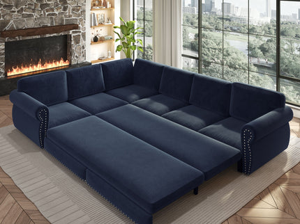 L-Shaped Sofa Couch With Pull Out Bed With Nailhead Trim & Rolled Arm