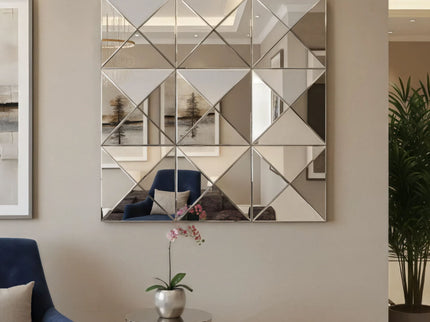 3D Beveled Wall Mirror With Frame, Large Square Design For Living Room - Silver