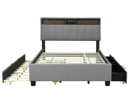 Upholstered Platform Bed With Storage Headboard, Trundle & 2 Drawers And A Set Of Sockets & USB Ports