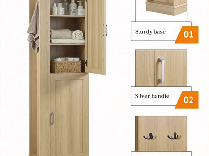 Tall Freestanding Bathroom Storage Cabinet With Adjustable Shelves And Side Hooks