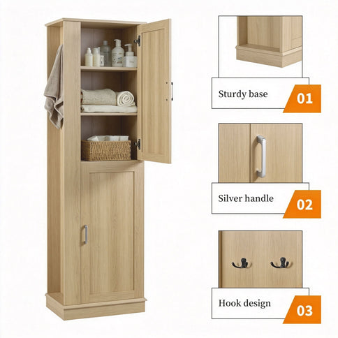 Tall Freestanding Bathroom Storage Cabinet With Adjustable Shelves And Side Hooks