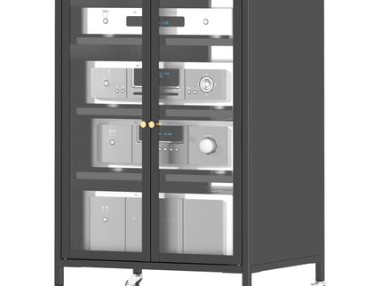 Media Storage Cabinet With Wheels, 4 Adjustable Glass Shelves & Door, Heavy-Duty - Black