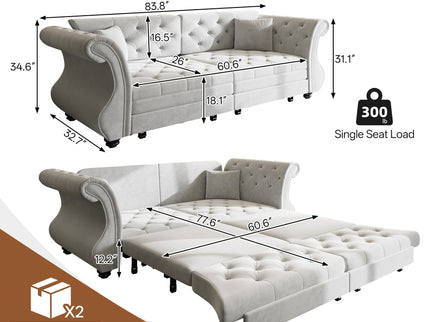Oversized Chesterfield Pull Out Sofa Bed, Roll Arm Couch With Flower Tufting For Living Room