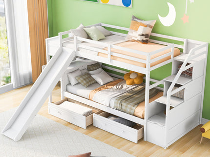 Bunk Bed With Storage Staircase, Slide, Desk, Drawers, And Shelves