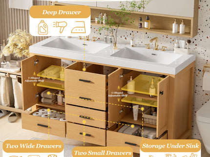 Bathroom Vanity With Double Sink, Soft Close Doors & Drawers Handles - Wood