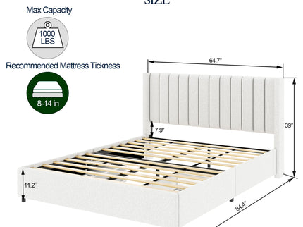 Anda - Boucle Upholstered Platform Bed With Patented Drawers Storage - Ivory