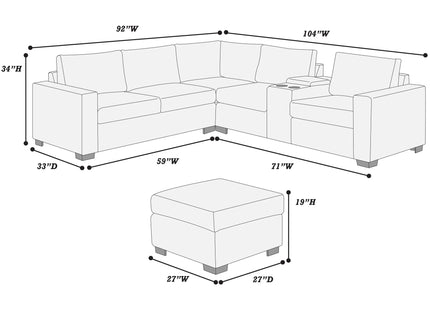Contemporary L-Shaped Sectional Set With USB Console & Ottoman