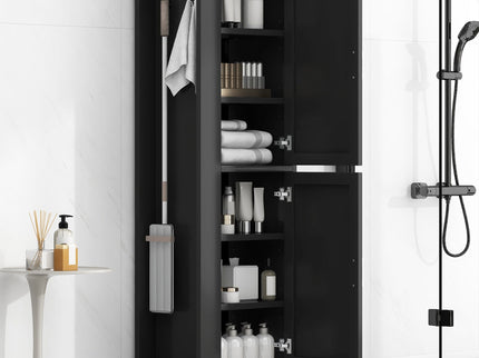 Tall Freestanding Bathroom Storage Cabinet With Adjustable Shelves And Side Hooks