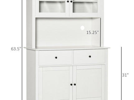 Homcom - 63.5" Kitchen Buffet With Hutch, Pantry Storage Cabinet With 4 Shelves, Drawers, Framed Glass Doors, Open Microwave Countertop - Antique White