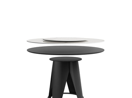 Modern Sintered Stone Dining Table With Round Turntable And Metal Pedestal - White