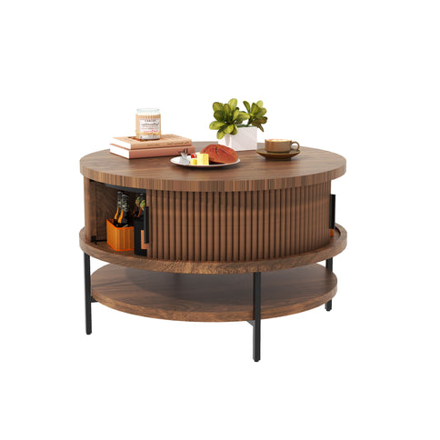 Flip-Top Round Coffee Table With Storage - Brown