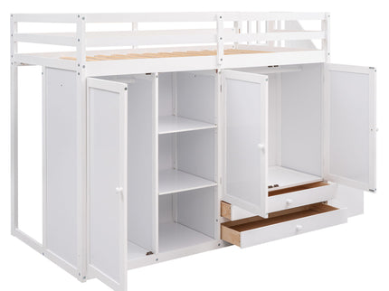 Loft Bed With 3 Shelves, 2 Wardrobes, 2 Drawers, Ladder Storage