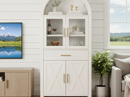 Arched Kitchen Pantry Cabinet With Adjustable Shelves & Barn Door Design