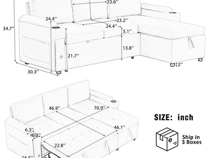 Convertible L Shaped Sofa Couch With Storage, Cup Holders, USB Ports