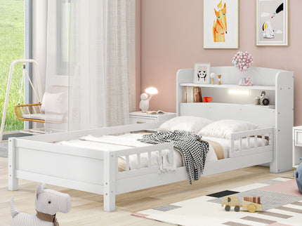 Wood Platform Bed With Built In LED Light, Storage Headboard And Guardrail