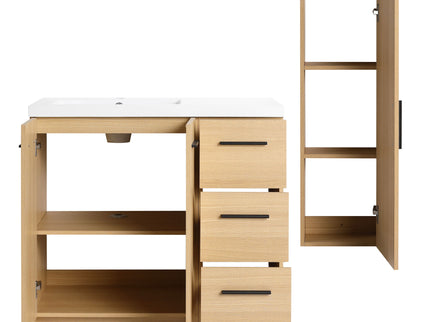 Freestanding Bathroom Vanity Set With Tall Linen Cabinet, 3 Drawers And Large Storage, Single Sink