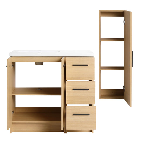 Freestanding Bathroom Vanity Set With Tall Linen Cabinet, 3 Drawers And Large Storage, Single Sink