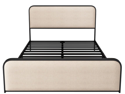 Modern Bed With Curved Upholstered Headboard And Footboard, Heavy Duty Metal Slats