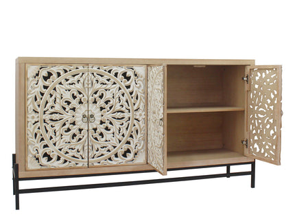 Carved 4 Door Cabinet, Storage Sideboard For Living Room - Multi