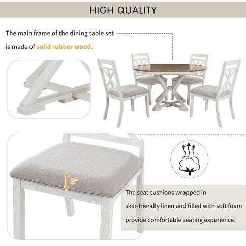 Dining Set With Extendable Round Table And 4 Upholstered Chairs