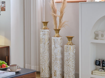 Floor Metal Vases Decorated Metal Vases (Set of 3) Gorgeous Home Decoration Large Glazed Metal Vases - White / Gold