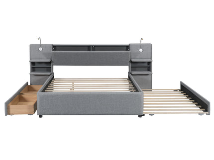 Upholstered Platform Bed With Reading Lights, Drawers, Trundle And Shelves