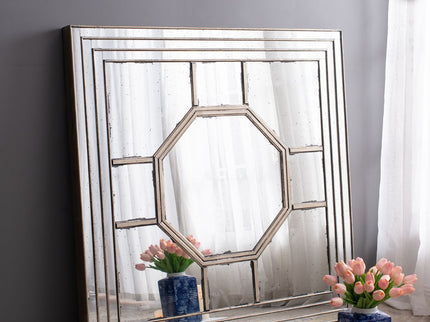 Antique Style Decorative Square Wall Mirror With Mirrored Frame, Wall Decor For Living Room Entryway, Console Lean Against Wall - Silver