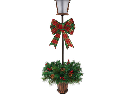 Christmas Lamp Post Decor With Plaid Bow, Artificial Outdoor Holiday Decor (Set of 2) - Brown / Bronze / Green