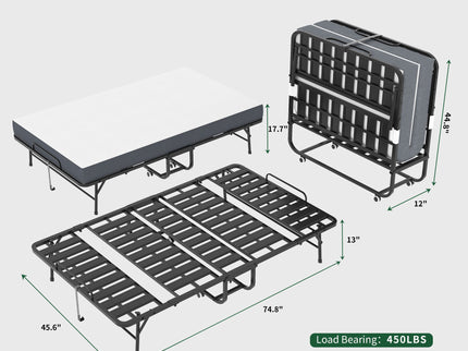 Twin Wide Folding Bed For Tall People, Extra Long & Wide Rollaway With Memory Foam, Heavy-Duty - Black