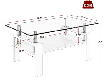 Modern Rectangular Coffee Table With Tempered Transparent Glass Top And Storage Shelf