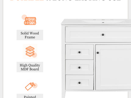 Bathroom Vanity With Sink, 3 Drawers & Cabinet With Adjustable Shelves