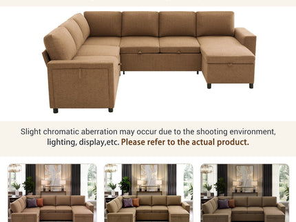 U - Shaped Convertible Sectional Sofa Bed With Storage, USB Charger & Cup Holders