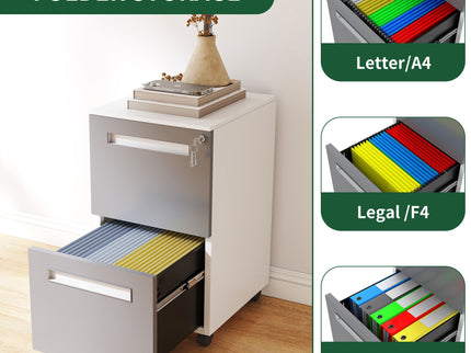 2-Drawer Mobile File Cabinet With Lock,On 360° Wheels, Holds A4/Letter/Legal Files - White