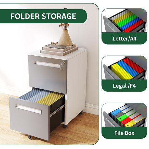 2-Drawer Mobile File Cabinet With Lock,On 360° Wheels, Holds A4/Letter/Legal Files - White