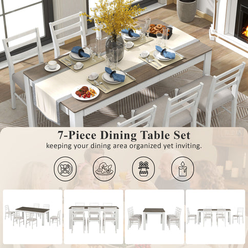 7 Piece Dining Set With Extendable Table, 2 Drawers & 6 Upholstered Chairs