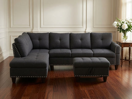 L - Shaped 3 Piece Sectional Sofa With Chaise, Storage Ottoman & Cup Holders