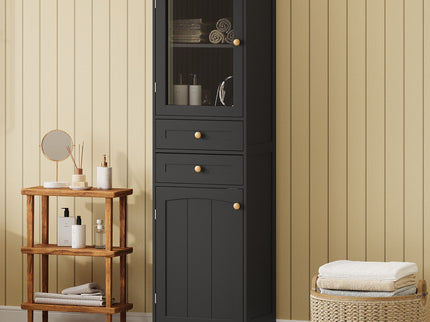 Tall Bathroom Storage Cabinet With Glass Doors, Free-Standing, Two Drawers, And Adjustable Shelves, Board, Painted Perfect For Displaying Your Favorite Items