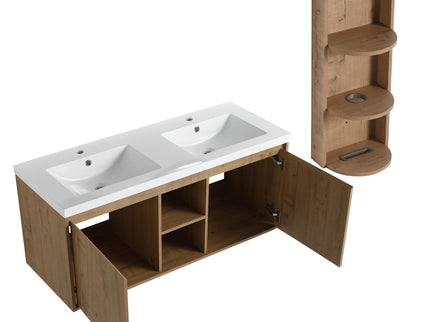 48" Wall Mounted Bathroom Vanity With Double Resin Sink And Storage Rack Soft Close Doors Plywood Construction - Imitative Oak