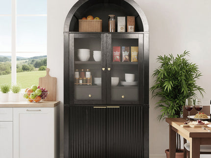 Fluted Tall Arched Pantry Cabinet With Adjustable Shelves, Glass Door & Hidden Drawer For Kitchen