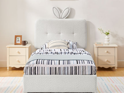 Upholstered Bed With Oversized Rabbit Ear Headboard, LED Lights & 4 Storage Drawers