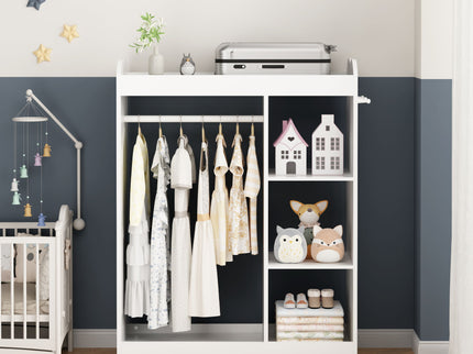 Dress Up Storage With Mirror And Hooks, Clothes Rack With Hanging Rod, 3 Side Hooks, Open Shelves, Top Shelf Organizer - White
